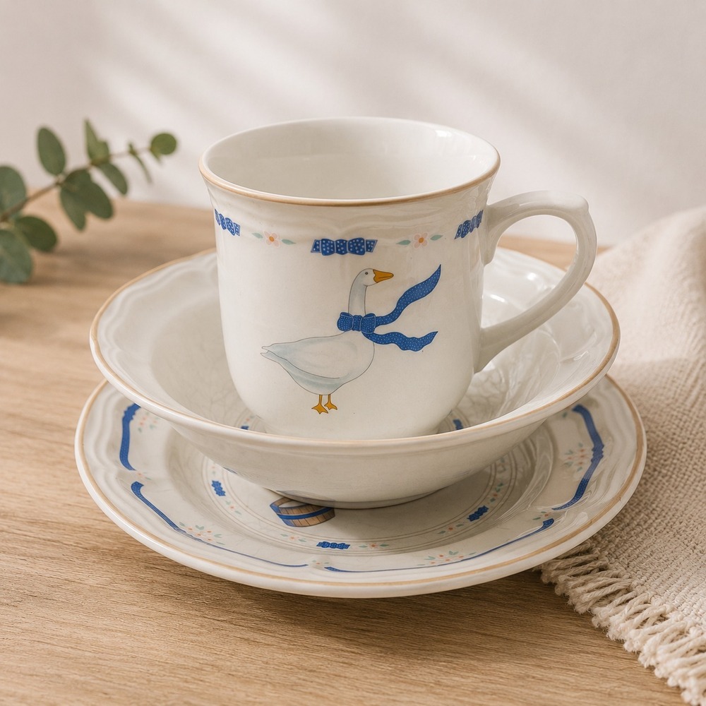 Vintage Goose Stoneware Place Setting 3 Pc bow, mug, salad plate